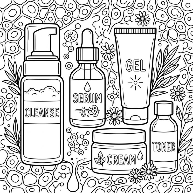 Dive into a soothing self-care routine with this detailed coloring page featuring an array of acne and blemish treatment products. Perfect for adults and teens, this intricate design offers a mindful escape as you bring your favorite skincare essentials to life with color.
