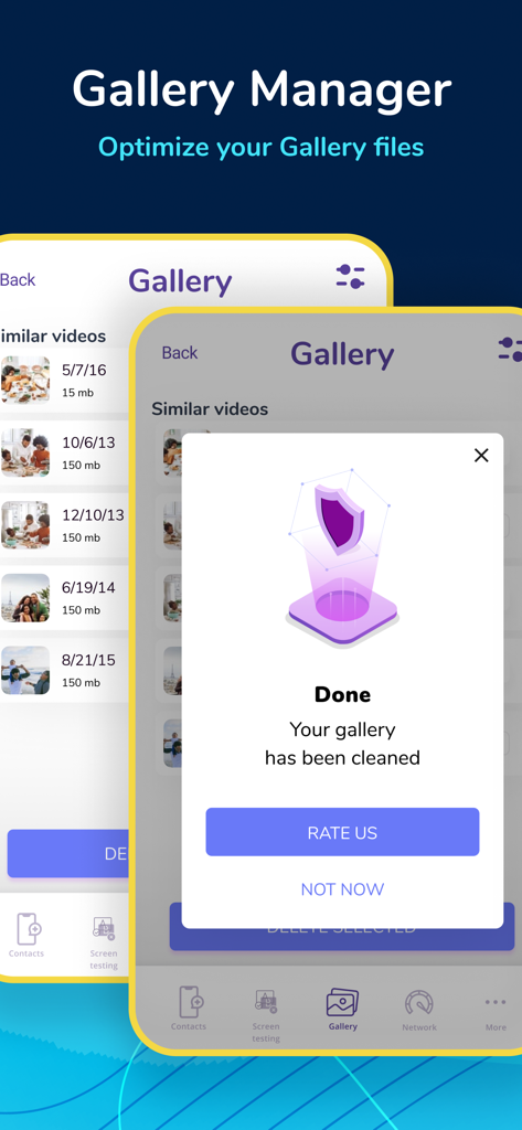 Phone Boosterアプリのギャラリーマネージャー機能のスクリーンショット。ギャラリーがクリーンアップされたことを示す成功メッセージが表示されています。