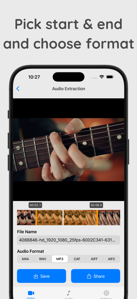 Easy Video Audio Extractor - Interfaccia di Estrattore Audio Video Facile che mostra come tagliare il video e selezionare formati audio come MP3 o WAV