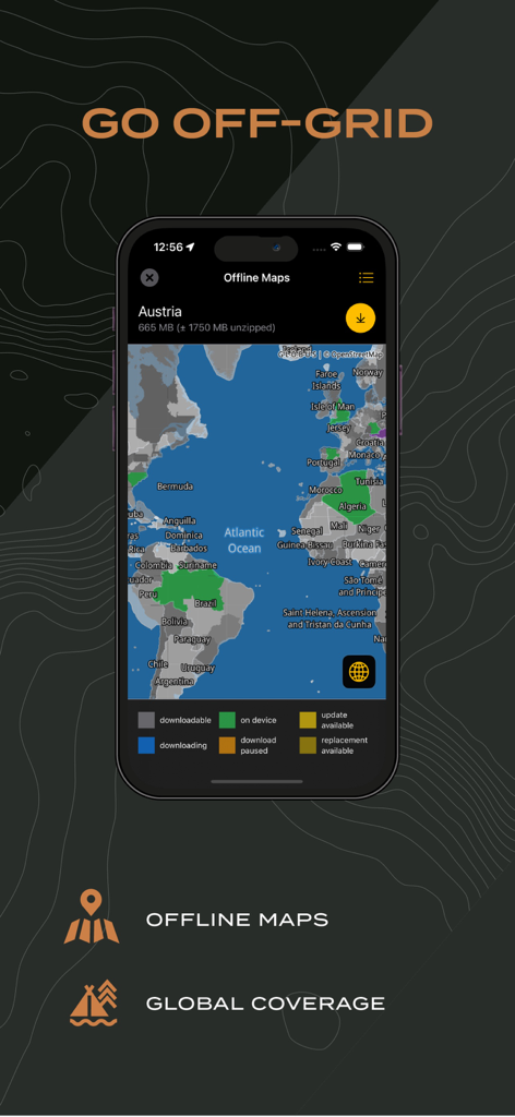 Scenic motorcycle navigation app screenshot showing offline map management and global coverage options