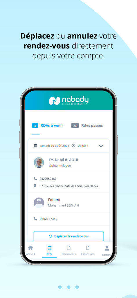Nabady - Interface of the Nabady app showing details of an upcoming medical appointment with options to reschedule or cancel