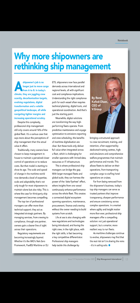 Ship Management International - A magazine page from Ship Management International titled Why more shipowners are rethinking ship management featuring CEO René Kofod-Olsen.