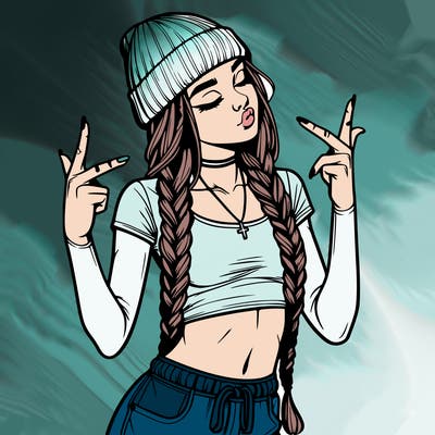 realistic teenage girl with braids and a beanie and crop top doing 🫶🏼