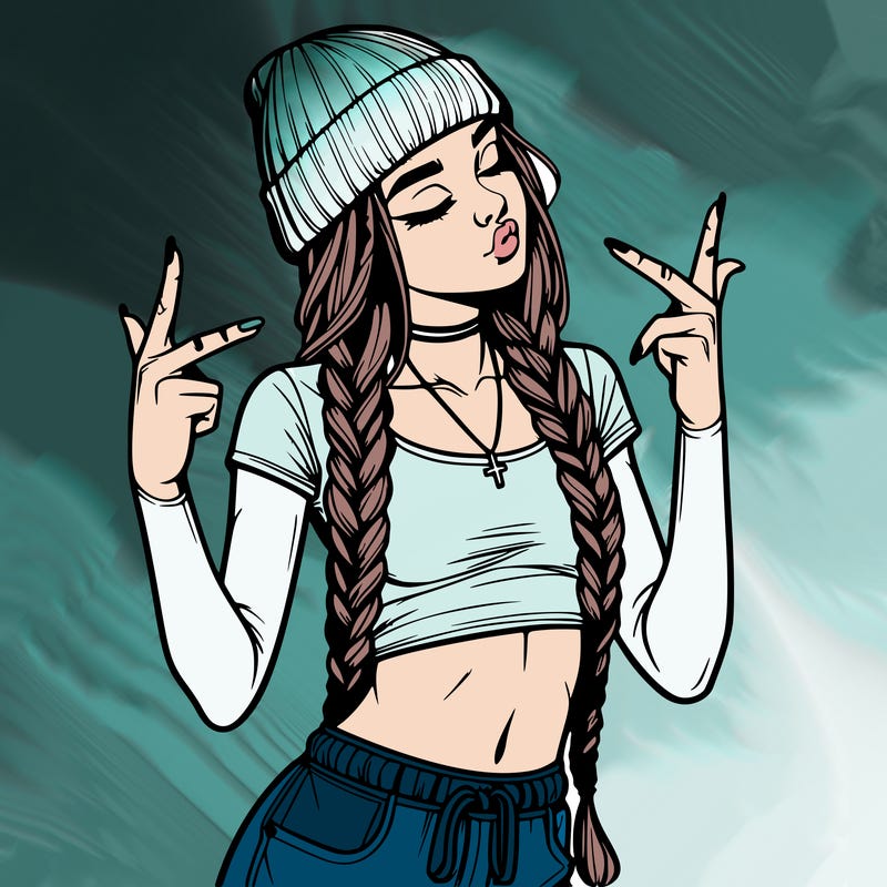 realistic teenage girl with braids and a beanie and crop top doing 🫶🏼