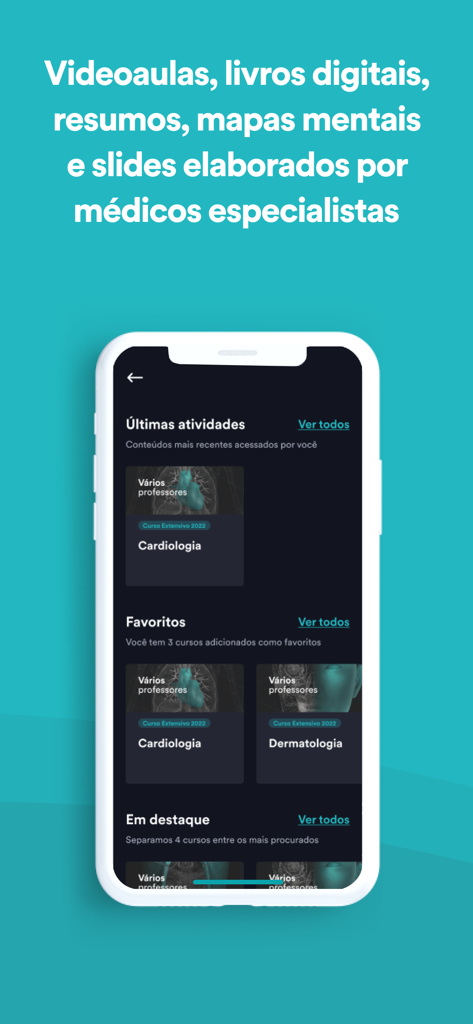 Interface of the Estratégia MED app showing various medical study materials and courses like cardiology