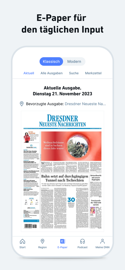 Visualizzazione della prima pagina del giornale digitale nell'app DNN news and podcast