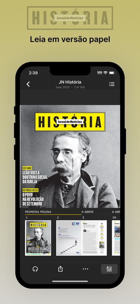 JN História - Pantalla de smartphone mostrando la aplicación JN Historia con la portada de una revista digital con un retrato histórico