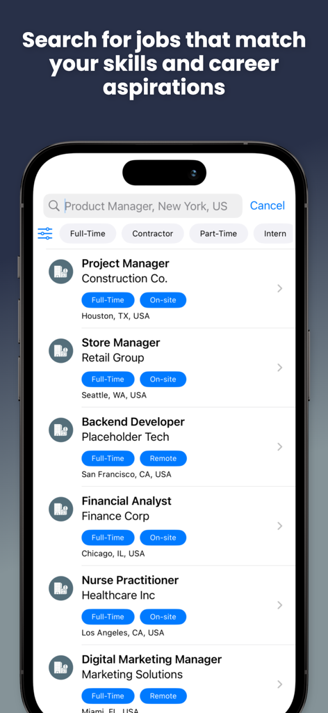Simple CV: CV Maker App - Una pantalla de aplicación móvil que muestra resultados de búsqueda de empleo con filtros para puestos a tiempo completo y remotos.