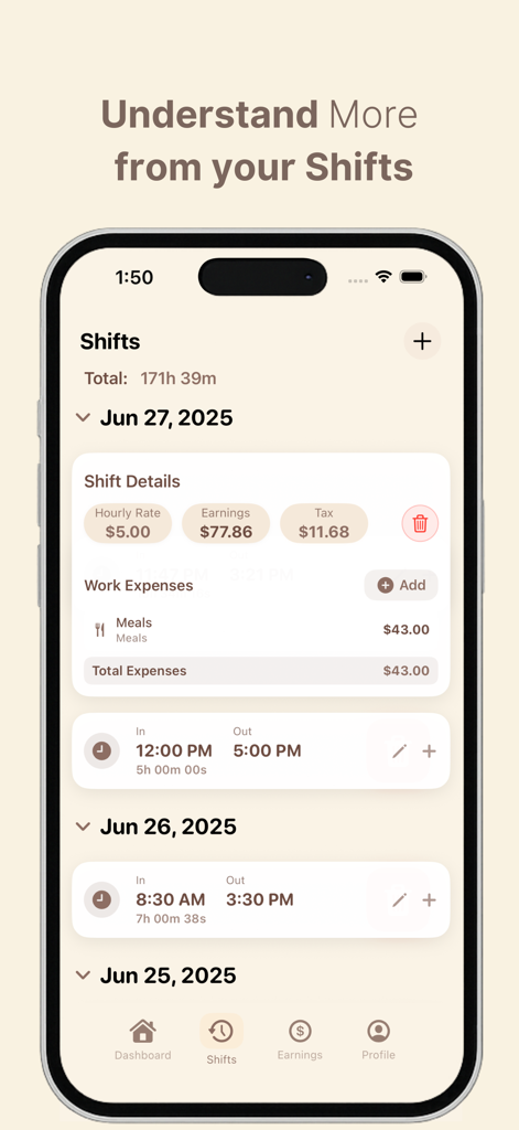 Timely - Track Your Hours - Oberfläche der Timely App, die eine detaillierte Liste von Arbeitsschichten mit Einnahmen und Steuerberechnungen anzeigt