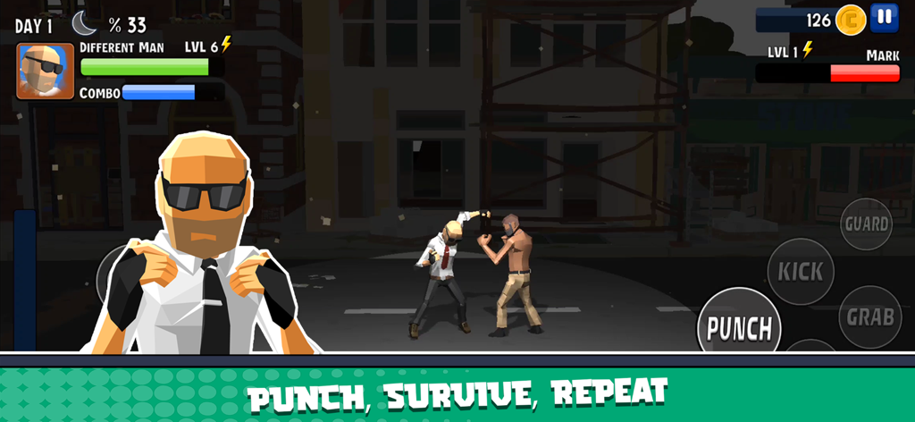 City Fighter vs Street Gang - Gameplay screenshot of a street fight in City Fighter vs Street Gang showing low poly characters and action controls