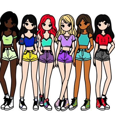a group of girls wearing crop tops and shorts