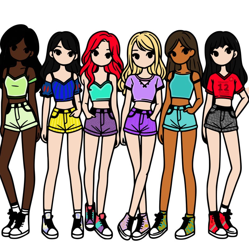 a group of girls wearing crop tops and shorts