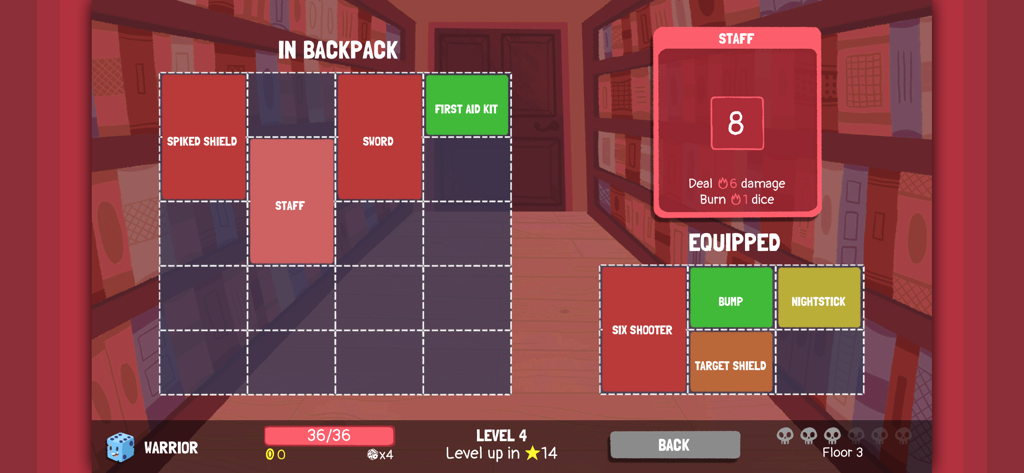 Dicey Dungeons - Warrior character inventory screen in Dicey Dungeons showing equipped weapons and items in backpack