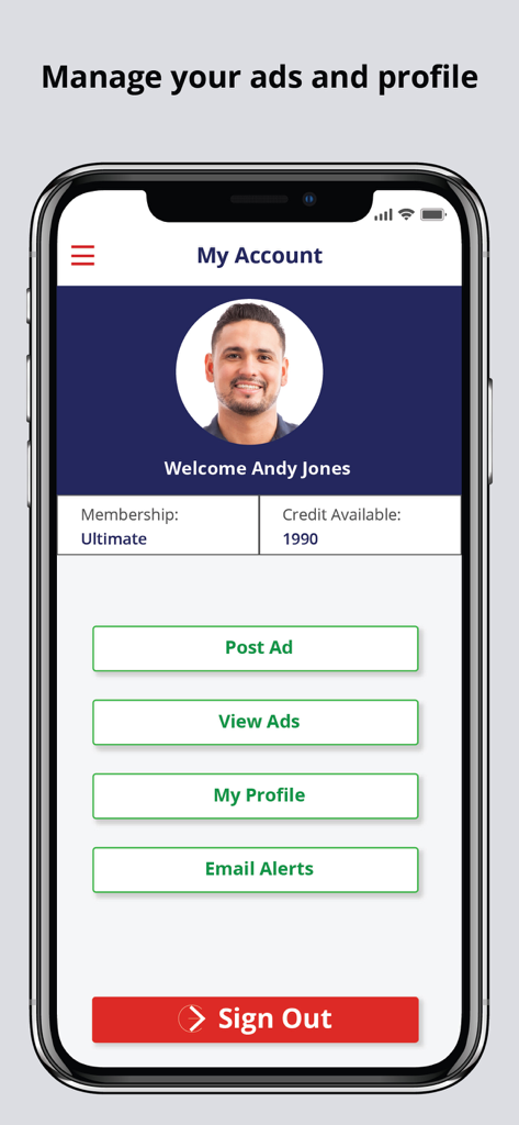 LankaPropertyWeb Property App - Interface of the LankaPropertyWeb app My Account screen displaying profile info and ad management buttons