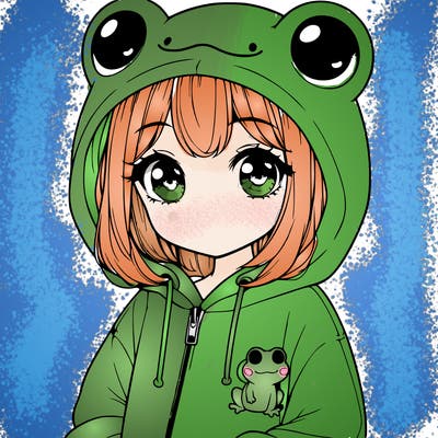 cute realistic girl in a froggy hoodie