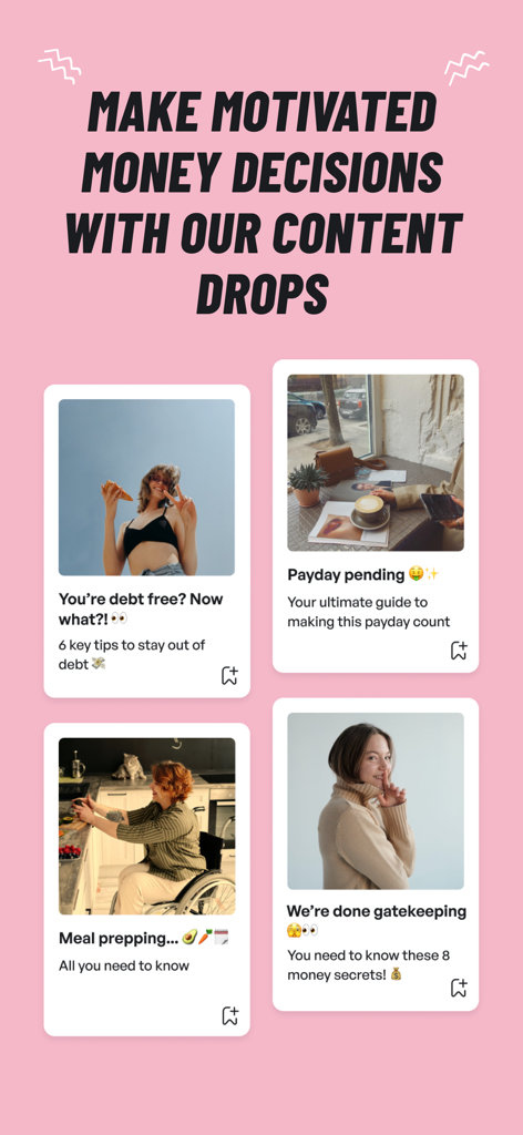 Una pantalla rosa de la aplicación Financielle que muestra varias tarjetas de educación financiera y consejos de gestión de dinero