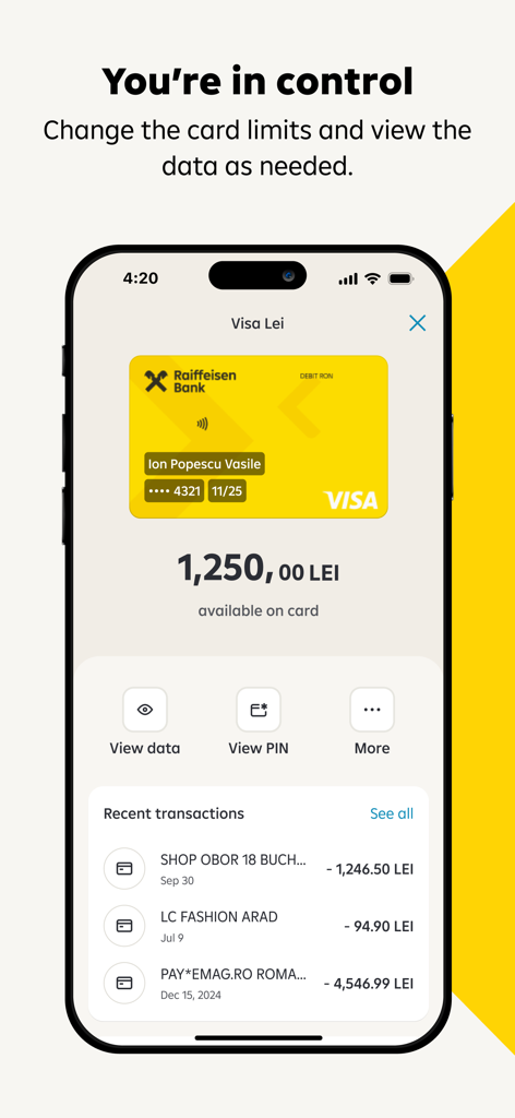 Raiffeisen Smart Mobileアプリの画面、黄色いVisaカードと最近の取引履歴が表示されています。