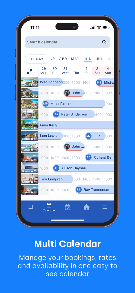 Hostify - Vista de calendario múltiple de la aplicación móvil Hostify que muestra las reservas de huéspedes en diferentes propiedades de alquiler.