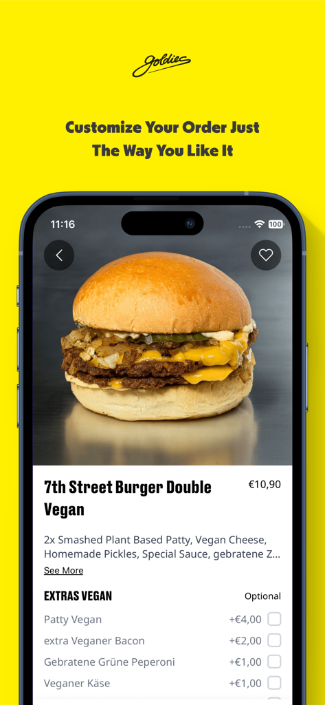 Una schermata mobile dall'app Goldies Smashburger che consente agli utenti di personalizzare un doppio hamburger vegano con ingredienti extra
