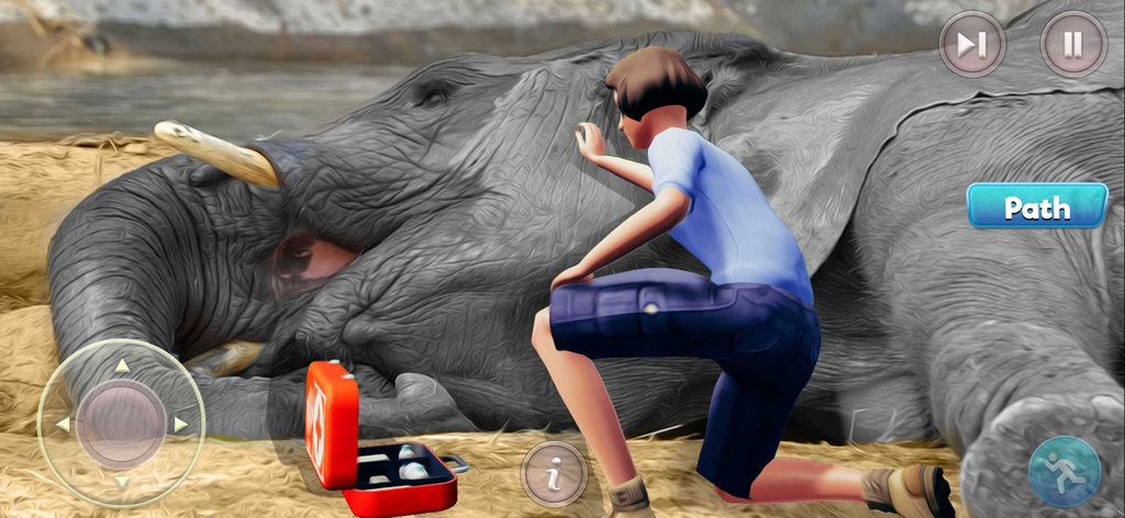 Zoo Keeper Simulator Tycoon 3D - A zookeeper character providing first aid to an injured elephant in a 3D simulation game.