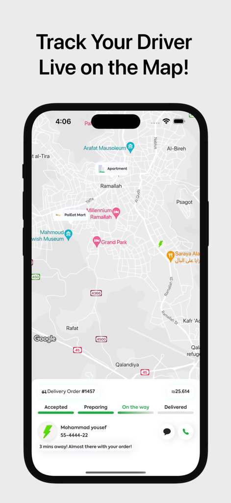 Mobile app interface for PalEat showing real-time delivery tracking on a map.