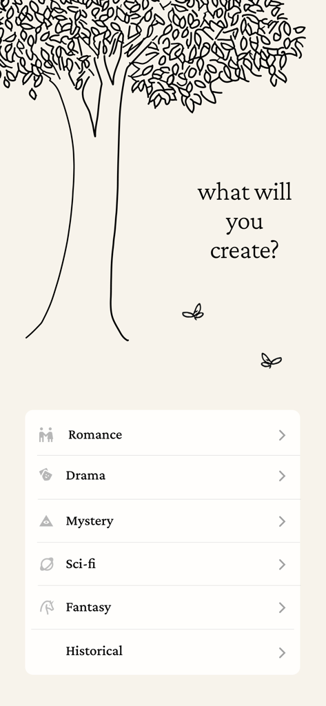 Interfaccia dell'app Saga che mostra un elenco di generi di storie tra cui Romance, Dramma e Mistero sotto un'illustrazione di un albero disegnato a mano.