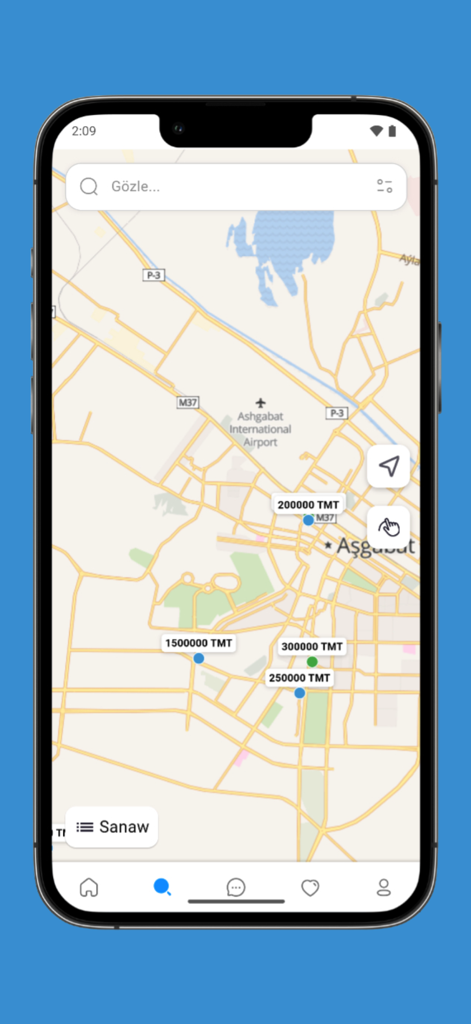 Jaý Tap - Mobile app map interface showing real estate property listings and prices in Ashgabat