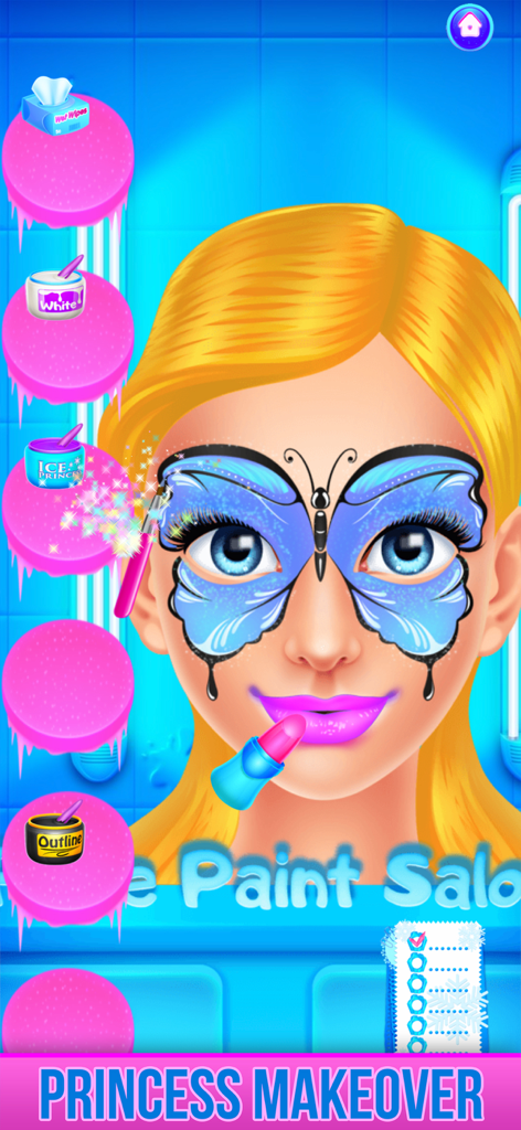 Ice princess character getting a blue butterfly face paint design in a makeover salon game