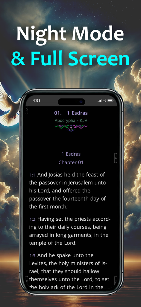 Bible & AI: KJV with Apocrypha - iPhone screen displaying the Bible and AI app in dark mode with full screen text from the Apocrypha