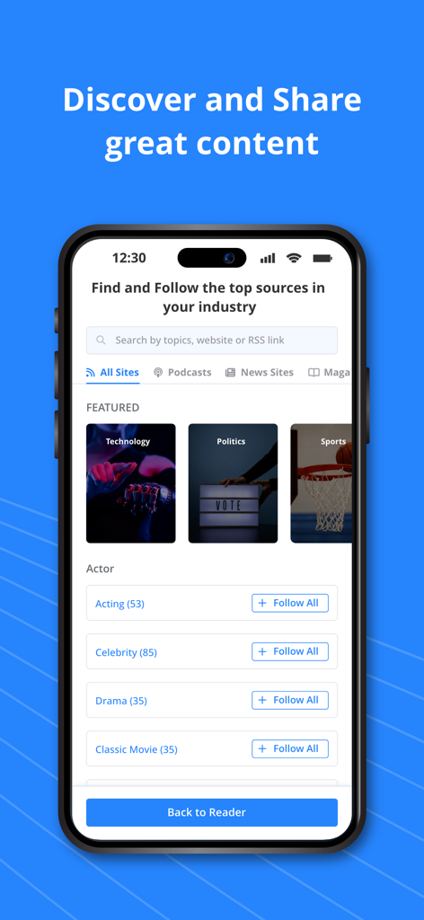 Interfaz de la aplicación Feedspot Reader para descubrir y seguir las principales fuentes de noticias en diferentes industrias y temas como tecnología y política