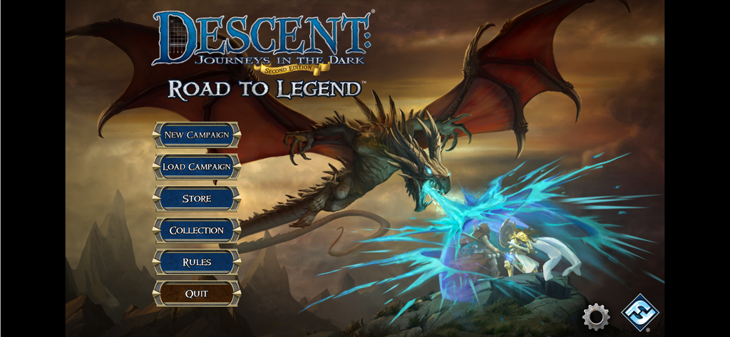 Menu principal do aplicativo companheiro Road to Legend para o jogo de tabuleiro Descent