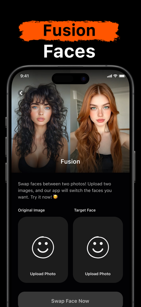 AI Face Swap - AIフェイススワップアプリのインターフェース。2つの画像間で顔をアップロードおよび切り替えるFusion Faces機能が表示されている。
