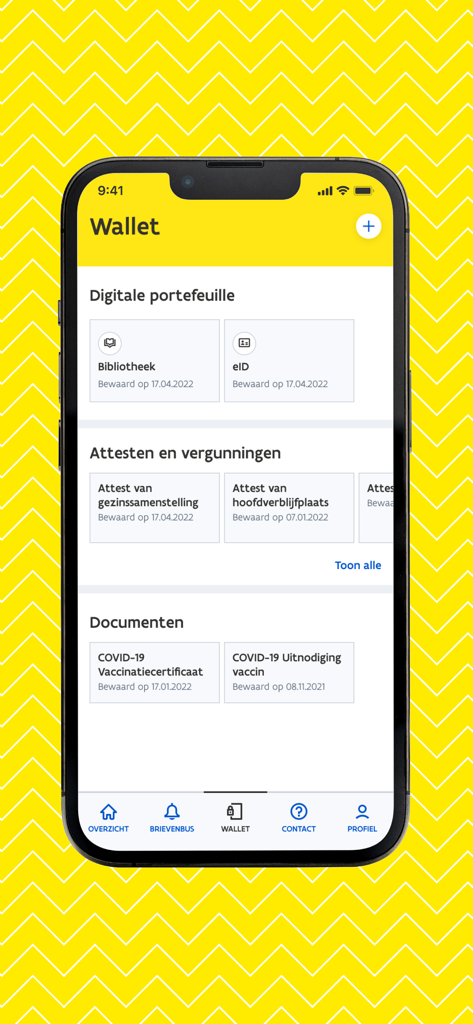 Burgerprofiel app digital wallet screen displaying stored identification cards and official certificates