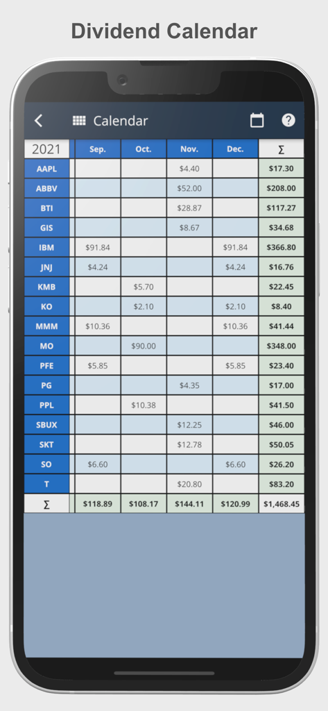 22 Dividends - A spreadsheet-style dividend calendar in the 22 Dividends app displaying monthly stock payouts.