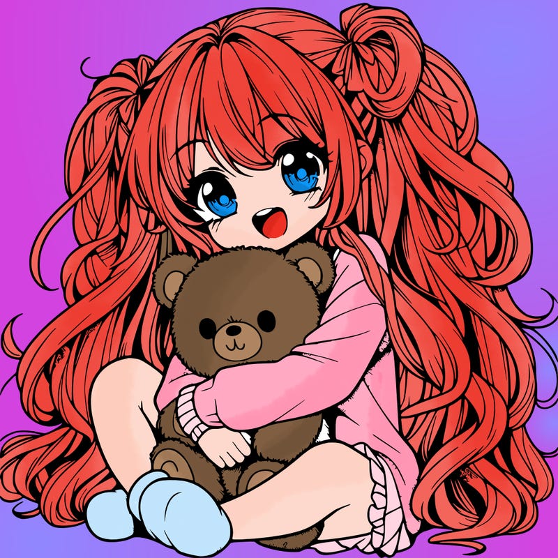 manga girl, long curly hair, happy, cuddling a teddy bear
