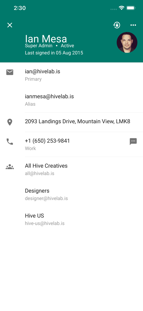 Google Admin app user profile management screen showing contact information and group memberships