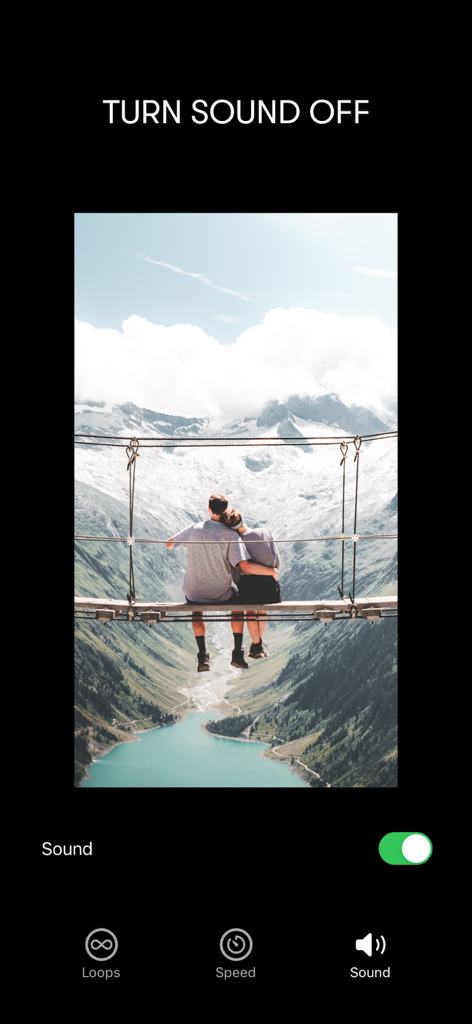 Interface of the Boomerang Maker app showing the turn sound off feature and video editing options