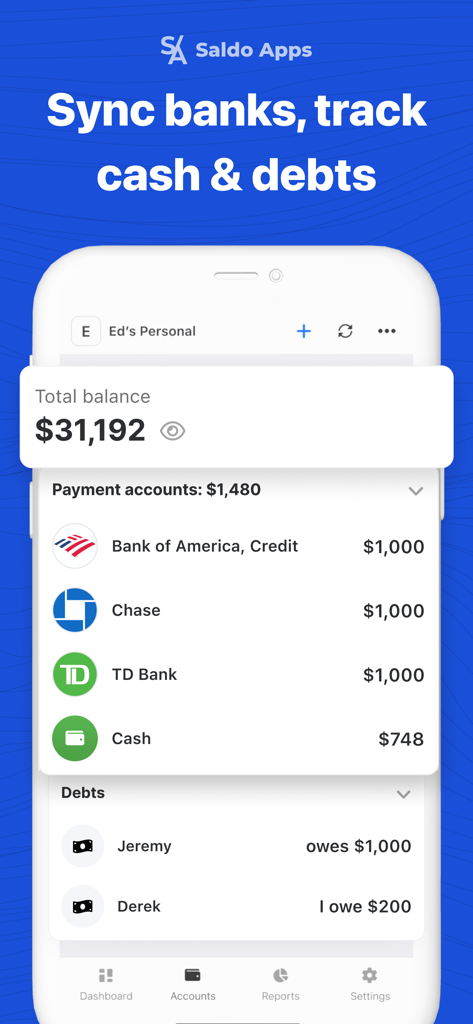Saldo: Finance Management App - Saldo finance app dashboard showing synced bank accounts and debt tracking