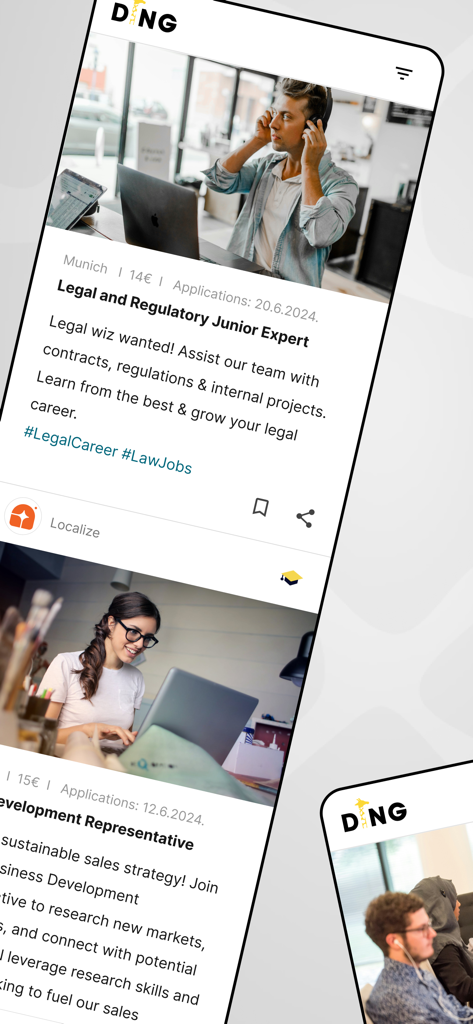 DING Jobs - Student Jobs - Interface do aplicativo móvel DING Jobs mostrando um feed estilo rede social com vagas de emprego para estudantes em posições jurídicas e de vendas.