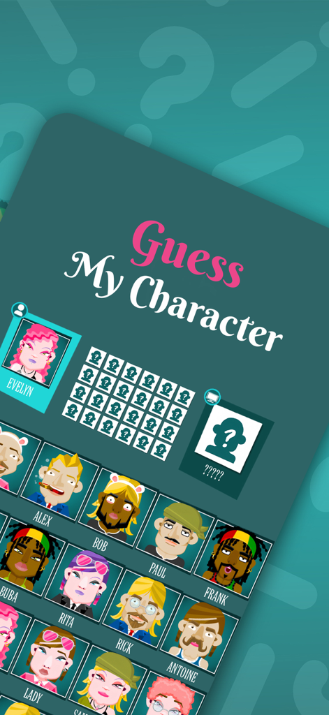 Guess My Character - Gameplay screen of Guess My Character showing a grid of diverse cartoon avatars and the mystery character card