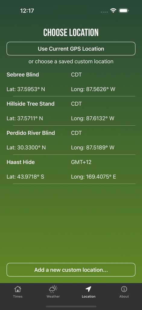 Solunar Best Hunting Times - Location selection screen showing saved hunting blinds and tree stands with GPS coordinates