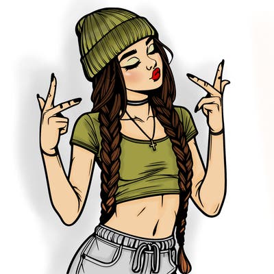 realistic teenage girl with braids and a beanie and crop top doing 🫶🏼