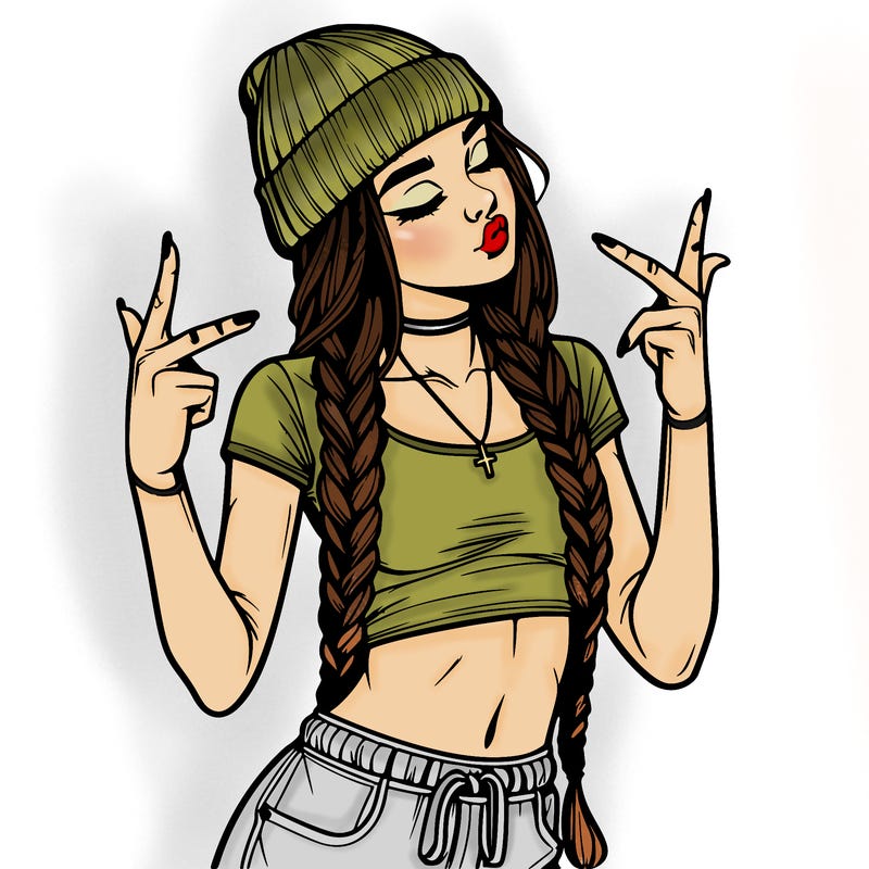 realistic teenage girl with braids and a beanie and crop top doing 🫶🏼