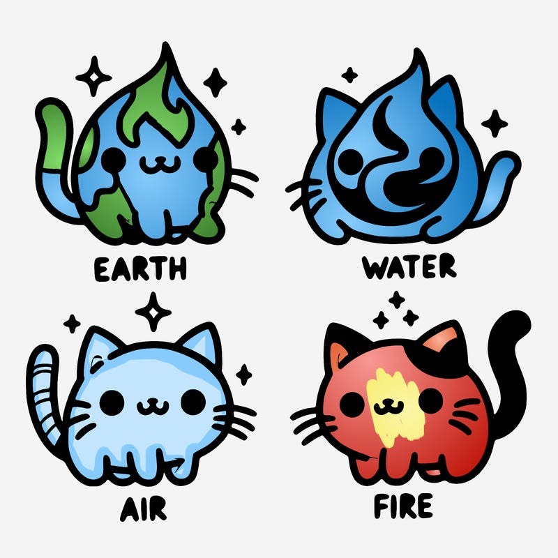 4 cats that represent the different elements, earth, water, air, and fire