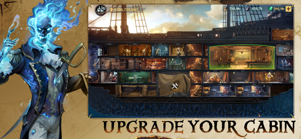 Sea of Conquest Pirate War screenshot showing a ghostly pirate character and a ship interior with the text Upgrade Your Cabin