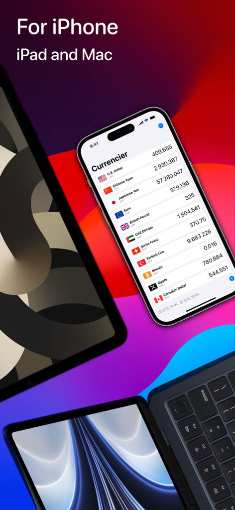 Currencier app interface displayed on iPhone iPad and Mac showing multiple currency exchange rates