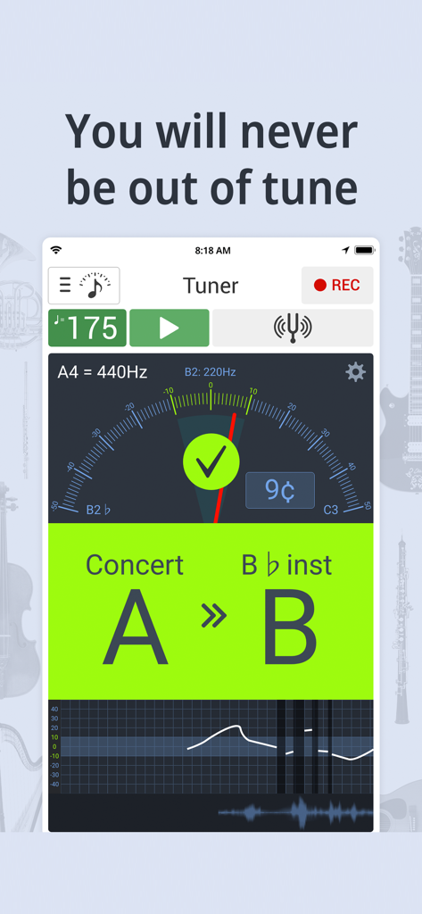 Chromatic tuner interface for B-flat instruments on the Soundcorset app