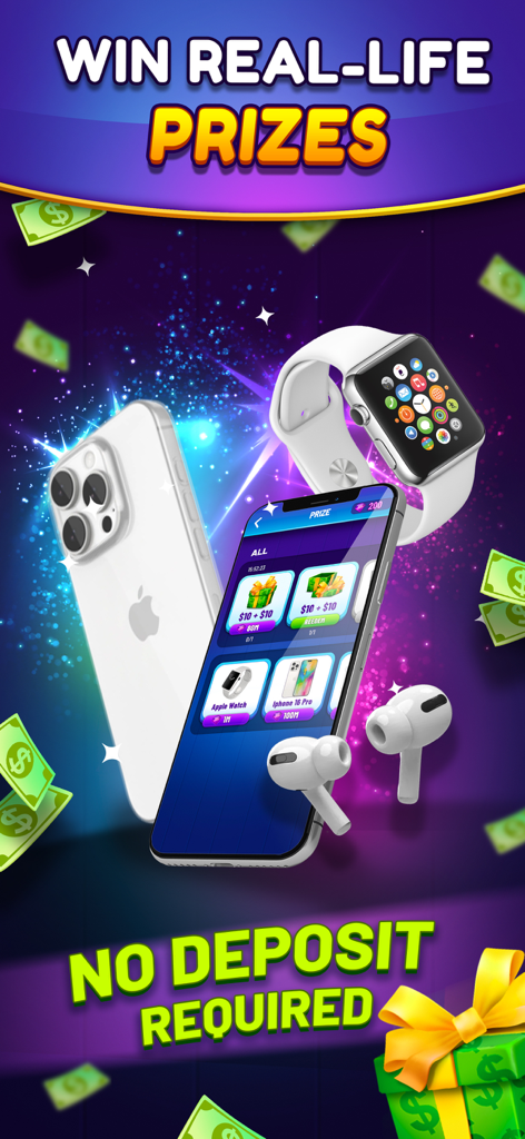 iPhone 및 Apple Watch를 포함한 실제 상금을 보여주는 솔리테어 리얼 캐시 프로모션 화면, 보증금 없음 텍스트 포함