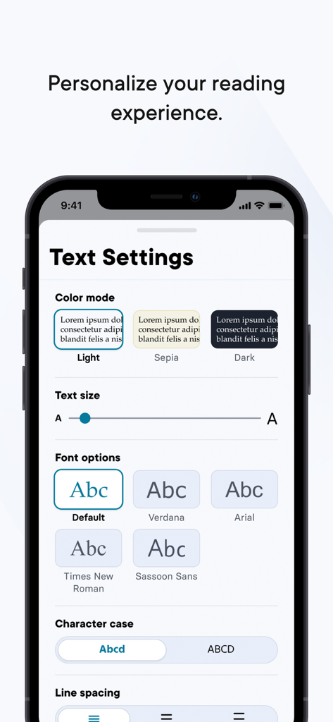 Interface for personalizing reading experience with settings for color mode text size and font options