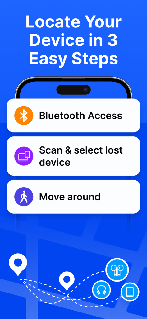 Interfaz de la aplicación Device Tracker que muestra tres sencillos pasos para localizar dispositivos Bluetooth perdidos, incluyendo auriculares y audífonos.